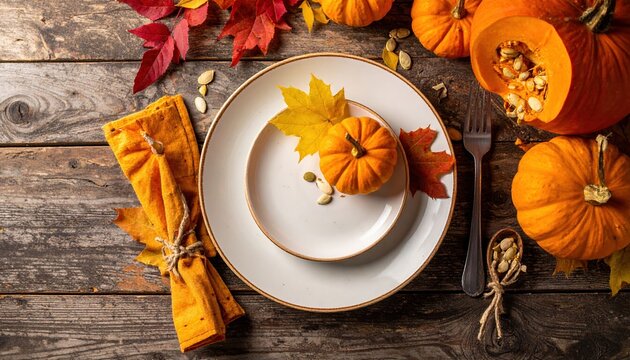Pumpkin table setting: A beautiful autumn table setting decorated with fresh pumpkins, seeds, and colorful fall leaves.