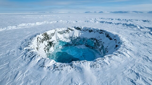 Arctic glacial crater with deep blue ice, aerial view of frozen volcanic caldera in snowy tundra, majestic winter landscape of polar ice cap