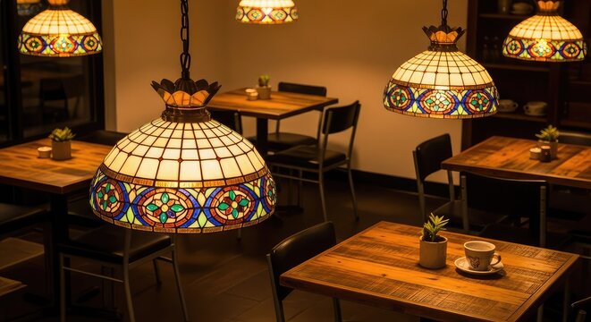 Warm light emanates from ornate brass and stained glass fixtures suspended over rustic tables inside a tranquil, atmospheric coffee house, soft, fixture, interior