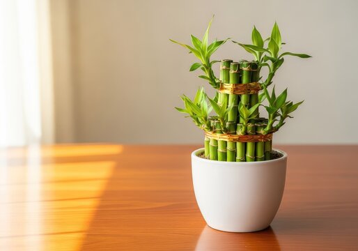 Vibrant green lucky bamboo stalks arranged in a white ceramic pot sit on a polished wooden surface, illuminated by soft natural light, peaceful, office, fresh