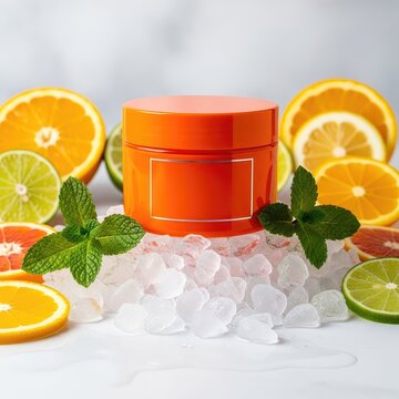 Vibrant orange cosmetic jar resting on crushed ice, surrounded by fresh mint leaves and citrus slices for a refreshing skincare concept, spa, vitamin, studio
