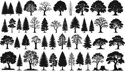 Fototapeta premium Black Tree Silhouette Vector Icons Set Featuring Pine, Oak, Fir, Cedar, and Bare Branches for Forest Landscape, Woodworking Logo, and Environmental Graphic Designs