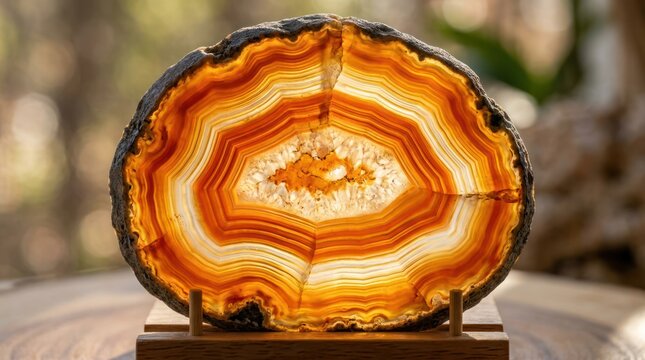 Sliced agate geode with orange and white layers