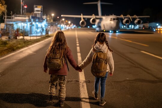Two Young Girls Holding Hands on Runway with Airplane in Background at Night.