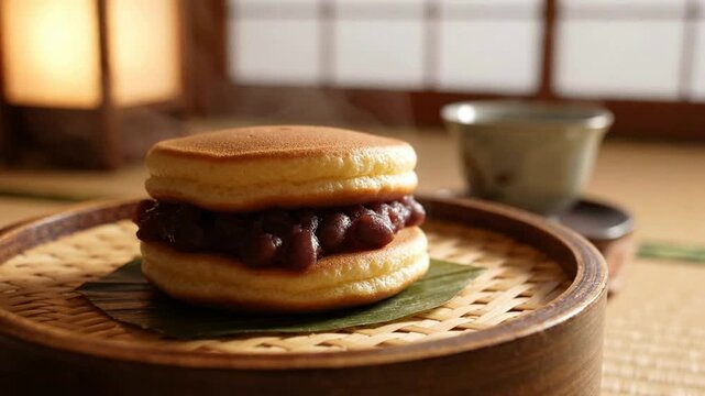 Delicious Japanese Dorayaki Pancake Filled with Sweet Red Bean Paste, Served in Traditional Tea House Setting