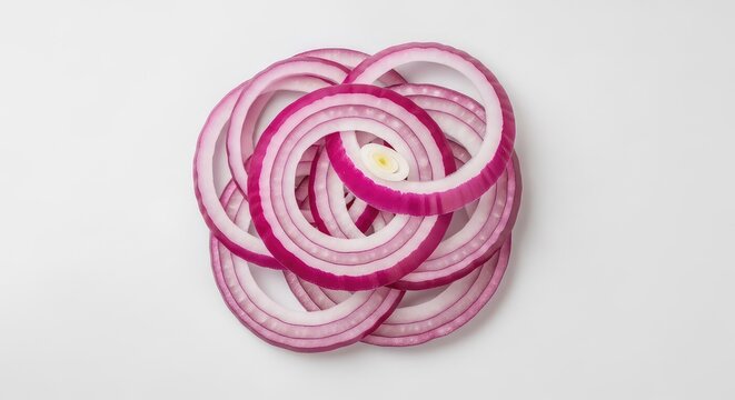 Vividly colored red onion slices are artfully arranged in a layered pattern, showcasing the intricate concentric rings and natural crispness, fresh-cut, background, agriculture