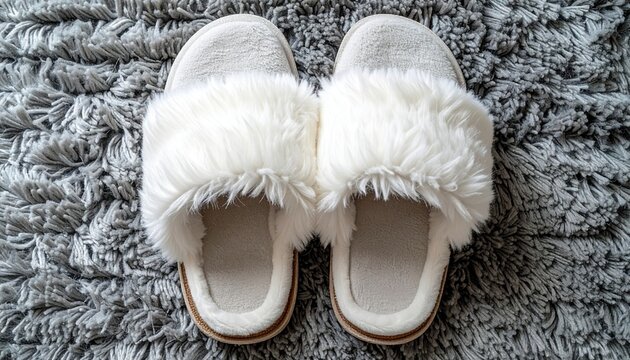 Pair of warm indoor slippers with white faux fur lining arranged neatly on a gray woven carpet