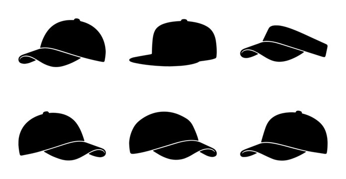 Six Black Silhouette Baseball Caps and Visors, Versatile Headwear Icons for Fashion and Sport