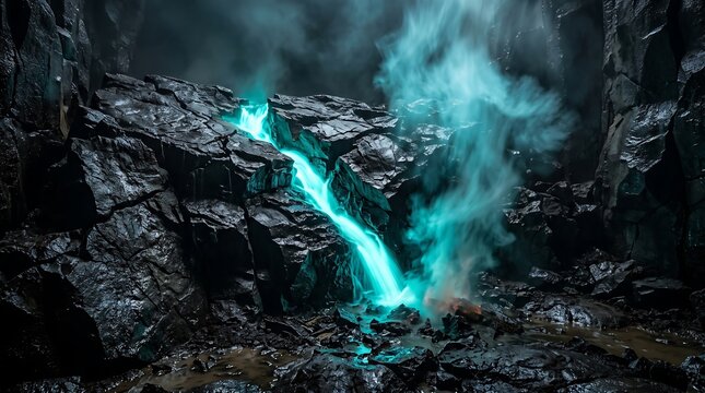 Glowing turquoise waterfall flowing over dark jagged volcanic rocks inside a mysterious deep misty cavern with dramatic moody lighting
