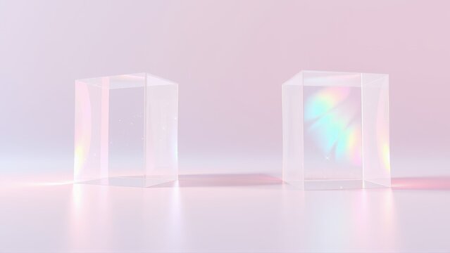 Minimalist scene. Two translucent cubes stand on soft pink surface. Subtle light creates gentle shadows, ethereal glow.