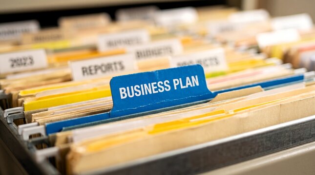 Blue business plan file tab sticking out from a drawer filled with many organized paper folders in an office setting