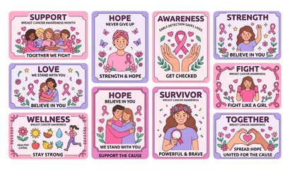 Obraz premium Pink Ribbon Breast Cancer Awareness Cartoon Postcard Set
