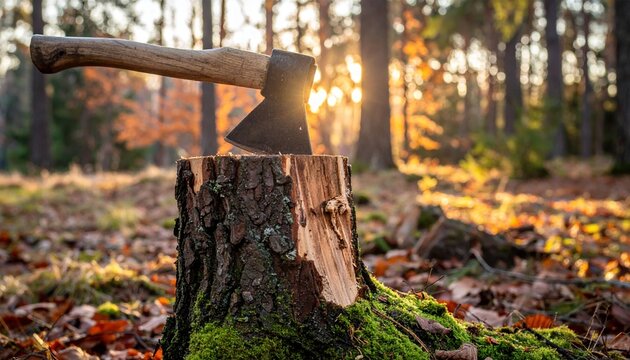 Forestry concept featuring a sharp axe lodged in a freshly cut tree stump