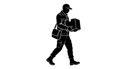 Obraz premium Delivery man silhouette carrying package, postal worker with messenger bag, vector graphic