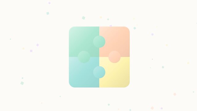 Pastel rounded square assembles from colorful panels and floating circles in a clean abstract logo and interface animation.