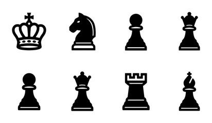 Black Chess Pieces Vector Icons Set, Strategy Game Symbols, King, Queen, Rook, Knight, Bishop, Pawn © Hasan