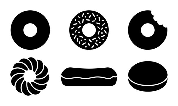 Six Black and White Pastry Icons: Donuts, Eclair, Macaron, and Swirl Cookie Vector Set