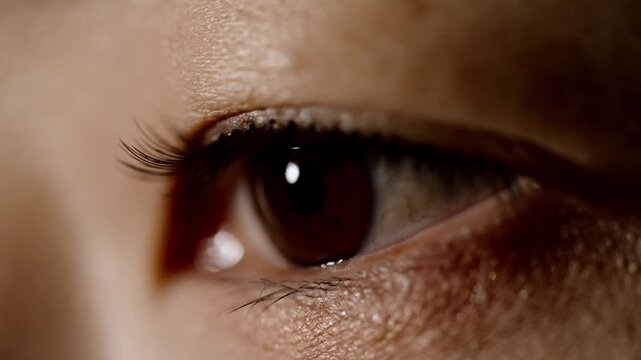 Extreme close-up of a brown human eye looking forward with eyelashes detail 누군가를 응시하는 갈색 눈동자와 속눈썹 극단적 클로즈업 (익스트림 매크로)