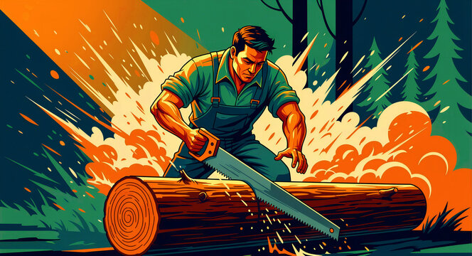 Muscular lumberjack in overalls sawing a large wooden log in a forest. Vibrant pop art illustration featuring dynamic action lines. Vintage manual labor concept for forestry industry marketing.