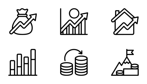 Finance Growth Icons: Money Bag, Chart, House, Bar Graph, Coins, Mountain Peak, Business Success