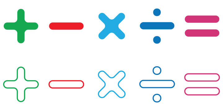 Addition subtraction division multiplication equality sign vector illustration design. Minimalist Math Symbols Icon Set &ndash; Plus, Minus, Multiply, Equal, symbol with white background.