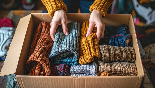 Hands organizing sweaters and household items for charitable donation