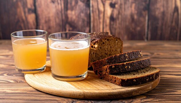 Kvass and bread: Clear glasses of fresh cold kvass next to rustic slices of rye bread on a wooden background.