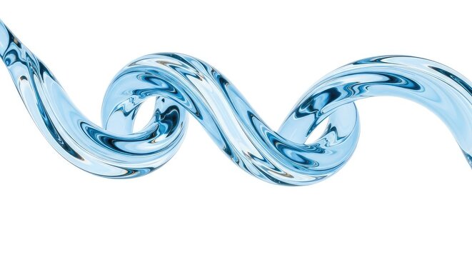 A dynamic swirling stream of pale blue water creates elegant vortex patterns against a clean white background, showcasing fluid movement, artistic, movement, splash