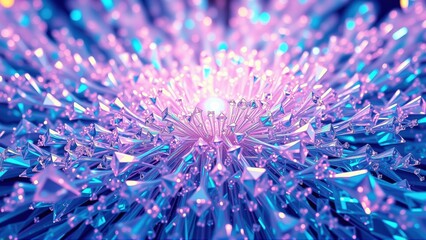 Obraz premium Abstract crystalline structure. Vibrant pink, blue hues radiate from central light source. Sharp spikes create dynamic visual texture.