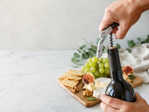 Momento de abrir una botella de vino con una charola de queso y frutas en una mesa