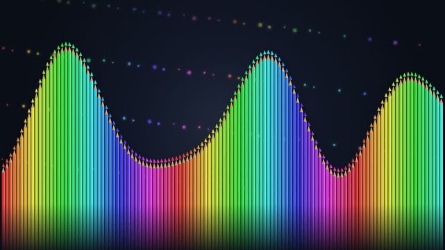 Colourful audio spectrum waves pulse across a dark background with glowing dots, visualizing music, rhythm, frequency, and sound energy.
