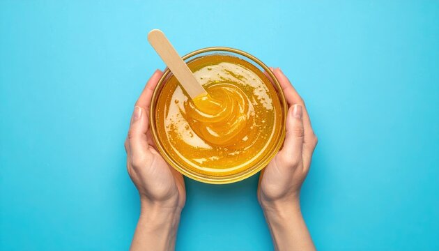 Sugaring paste on blue: Female hands holding a bowl of hair removal sugaring paste with spatulas on a blue background.