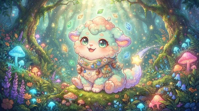 Cute Fantasy Lamb with Floral Scarf in an Enchanted Forest