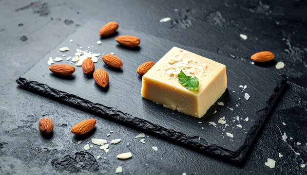Marzipan and almonds: A slate board topped with sweet marzipan paste, whole almond nuts, and almond flakes on dark.
