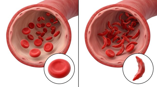Comparison of healthy biconcave red blood cells and crescent-shaped sickle cells in a blood vessel illustration