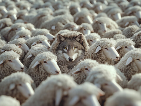 A conceptual photograph depicting a single grey wolf staring directly forward while hidden completely inside a crowded herd of fluffy white sheep