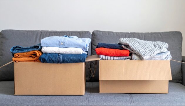 Cardboard boxes filled with folded clothes for donation on a gray sofa