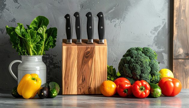 Wooden knife block with premium kitchen knives beside fresh vegetables