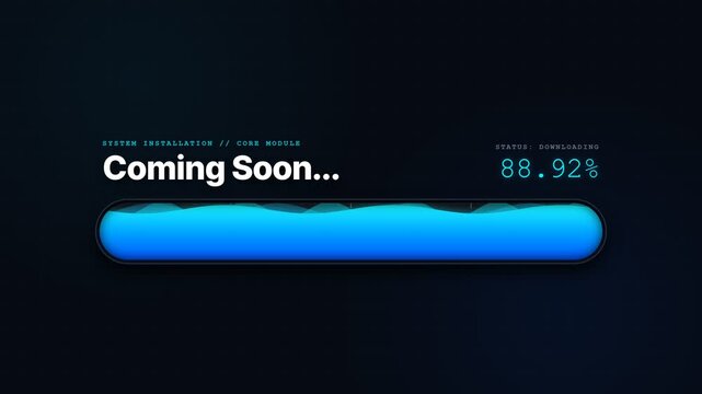 Futuristic Coming Soon loading bar fills from zero to ninety-nine percent on a dark interface with glowing blue progress.