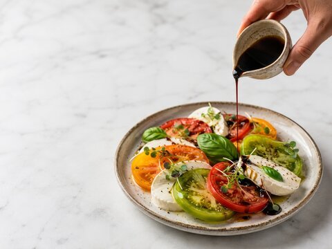 Ensalada de tomate y mozzarella con un toque de bals&aacute;mico en un plato