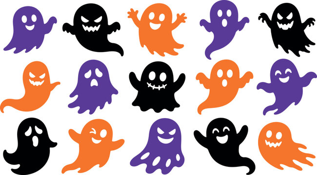 Assorted ghost silhouettes in orange and purple a flat vector illustration on a white background apparition boo cartoon chilling costume