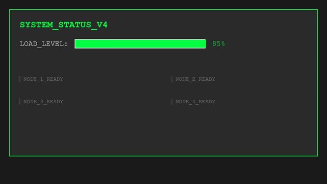 System status screen, loading progress bar increasing, nodes ready, seamless loop, symbolizing technology and system operations