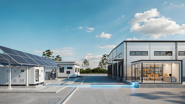 Modern retail shop powered by rooftop solar panels and battery backup system