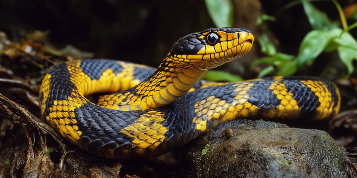 A striking yellow and black striped krait or python snake resting curled up on natural dark stone surfaces outdoors
