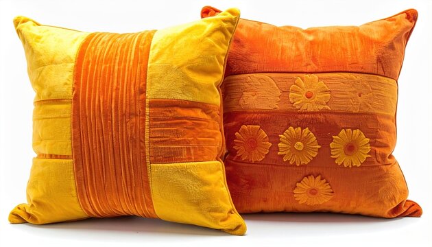 Two decorative orange and yellow throw pillows on white background