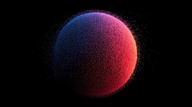 Digital point cloud rendering of a colorful sphere on black background with sphere gradient blue purple red colors visualization technology with futuristic