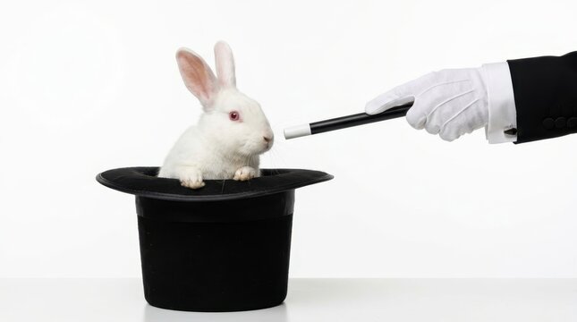 Adorable white rabbit emerging from a classic black top hat while a magician's gloved hand points a magic wand toward it against a clean white background, perfect for entertainment and wonder concept.