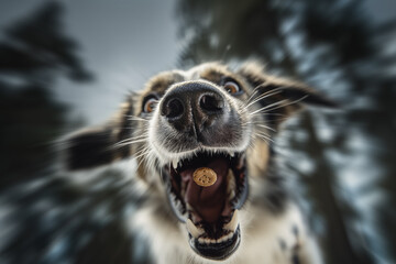 Obraz premium A close up wide angle shot of a joyful dog with its mouth wide open trying to catch a flying treat with motion blur in a dark forest background