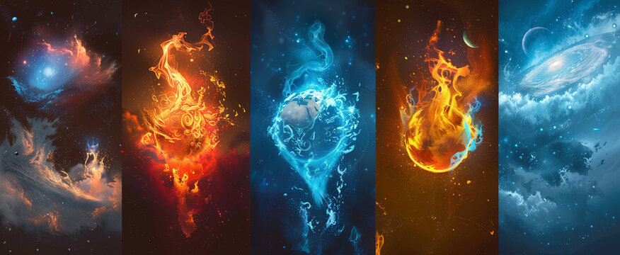 A series of five vertical banners depicting abstract magical elements including fiery flames frozen ice cosmic space and glowing mystical energy