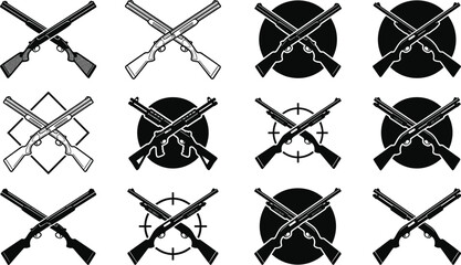 Crossed Shotgun and Hunting Rifle Emblem Icon Set with Target Crosshairs and Circular Badges for Tactical Military Club and Outdoor Shooting Sports Logo Designs © Sultana